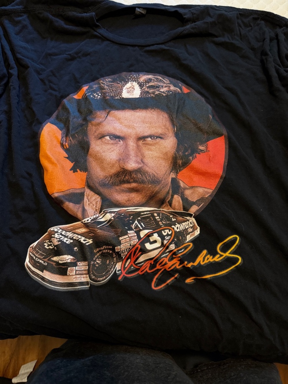 Gildan Black Short Sleeve Tee with Race Car Driver Portrait and Car Graphic